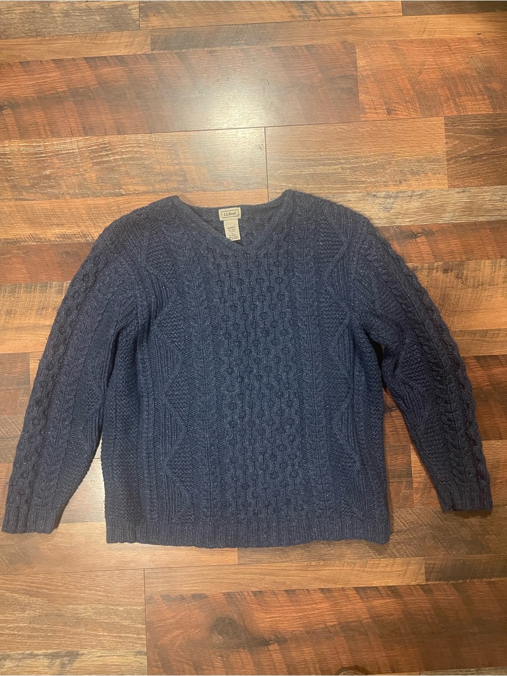 L.L. Bean Women's Navy Cable Knit V-Neck Wool Sweater